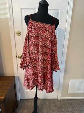 En Creme Red Floral Mini Dress with Cold-Shoulder Detail